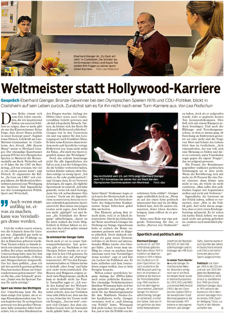 Ein Zeitungsausschnitt über den Besuch Eberhard Giengers am LMG